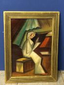 Early 20th Century Cubist Study Oil painting of a seated lady dressed in white reading a letter,