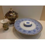 Large ceramic lazy Suzanne with blue printed repeating design, and a Meissen style vase and a