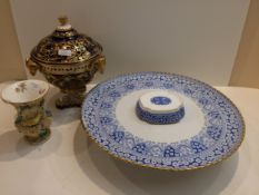 Large ceramic lazy Suzanne with blue printed repeating design, and a Meissen style vase and a