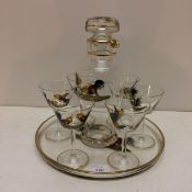 Early C20th/Deco hand painted cocktail set, comprising of tray, cocktail pourer and 6 glasses (1