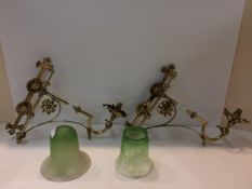 Ecclesiastical gilt brass wall sconces with frosted green glass shades