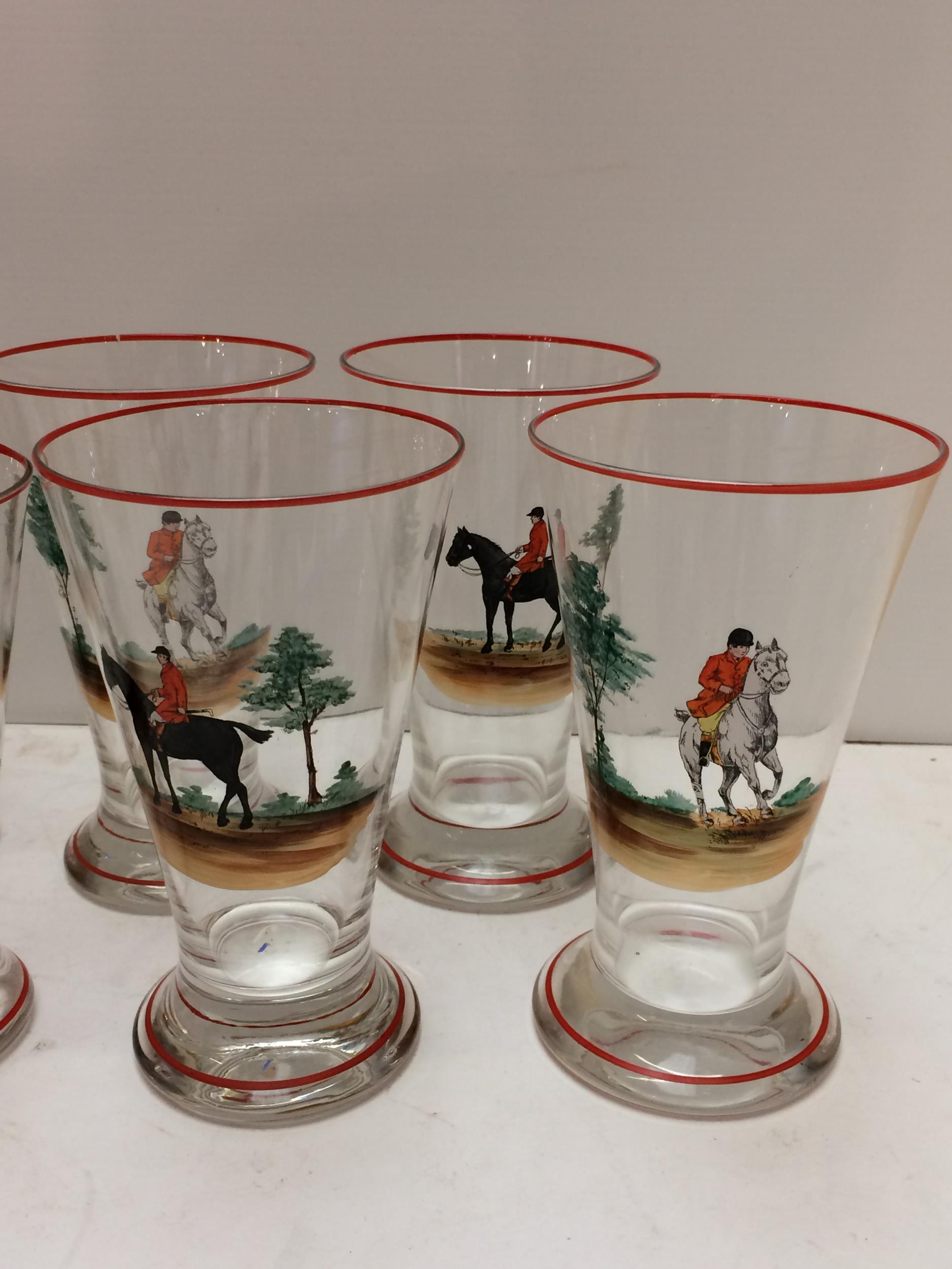 A vintage, decorative hunting themed glass set comprising a tall lemonade jug, a wide Pimm's jug and - Image 2 of 14