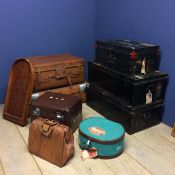 Quantity of Military metal trunks with applied Cunard stickers and a collection of leather trunks,