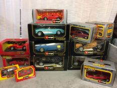 A collection of Burago die cast metal boxed toy cars of various scales to include a Mercedes Benz