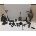 a quantity of miscellaneous metal wares, including Brass bellows, toasting fork, fire shovel, door