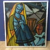 Cubist Study of a Seated Lady (India, 20th Century), Oil on board, Signed indistinctly upper