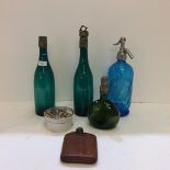 Prattware pot, leather clad hip flask not hallmarked, C20th soda syphon and some metal topped