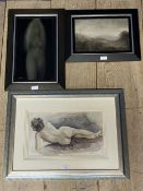 Framed and glazed pencil and inkwash of a reclining nude, signed RD Moore, circa 1928; and other