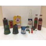 A quantity of vintage Motor accessories, including motor oil tins, Shell Anti freeze, Red Crown