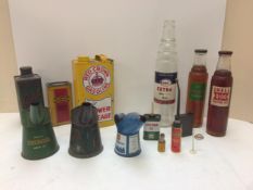 A quantity of vintage Motor accessories, including motor oil tins, Shell Anti freeze, Red Crown