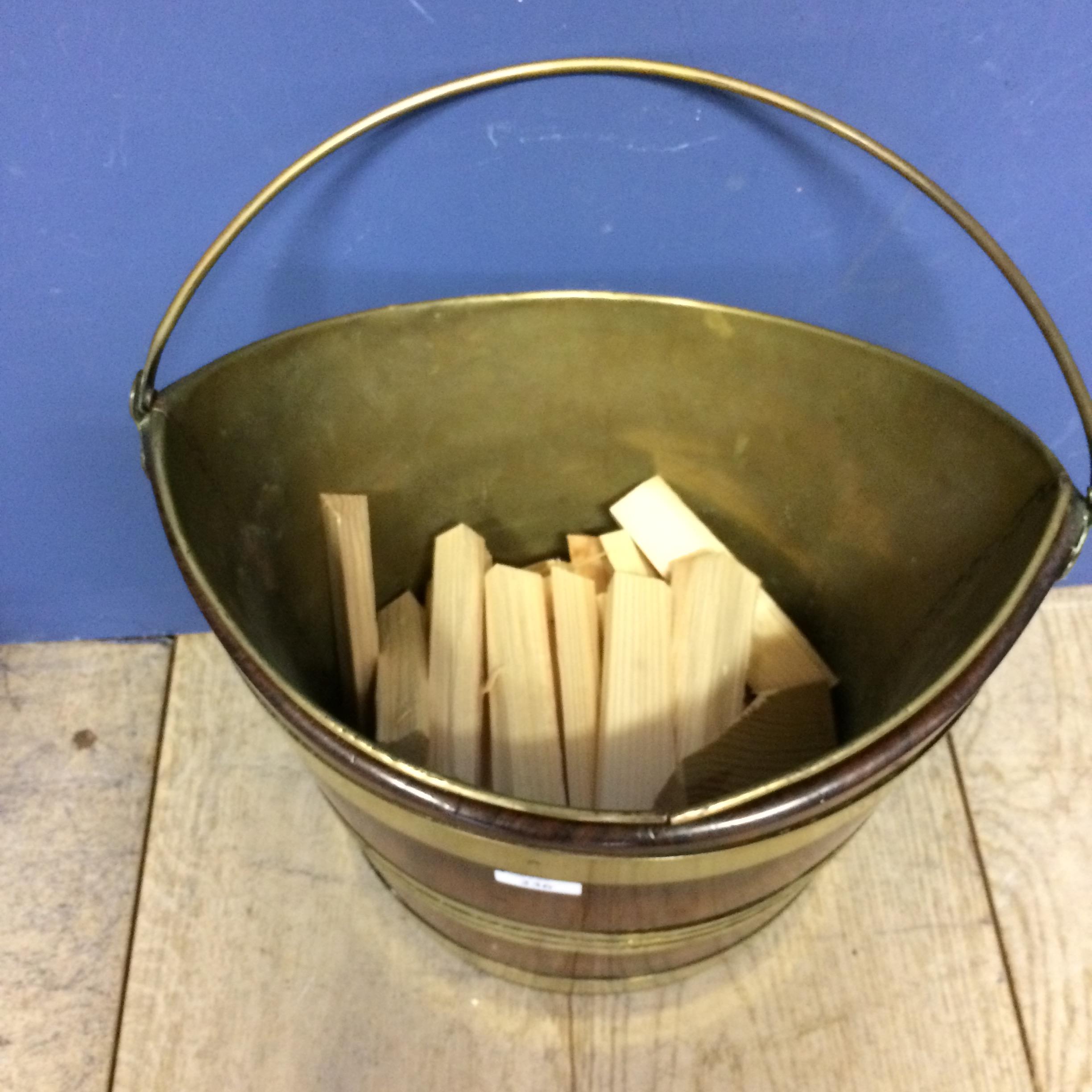 Mahogany and brass bound peat bucket with handle, and with inset brass bucket - Image 2 of 3