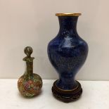 Blue and gilt cloisonne vase, and a pretty millefleur glass bottle and stopper