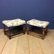 Oak square framed stools with stretchers, and the tops upholstered in floral fabric 41h x 51 x 36cm