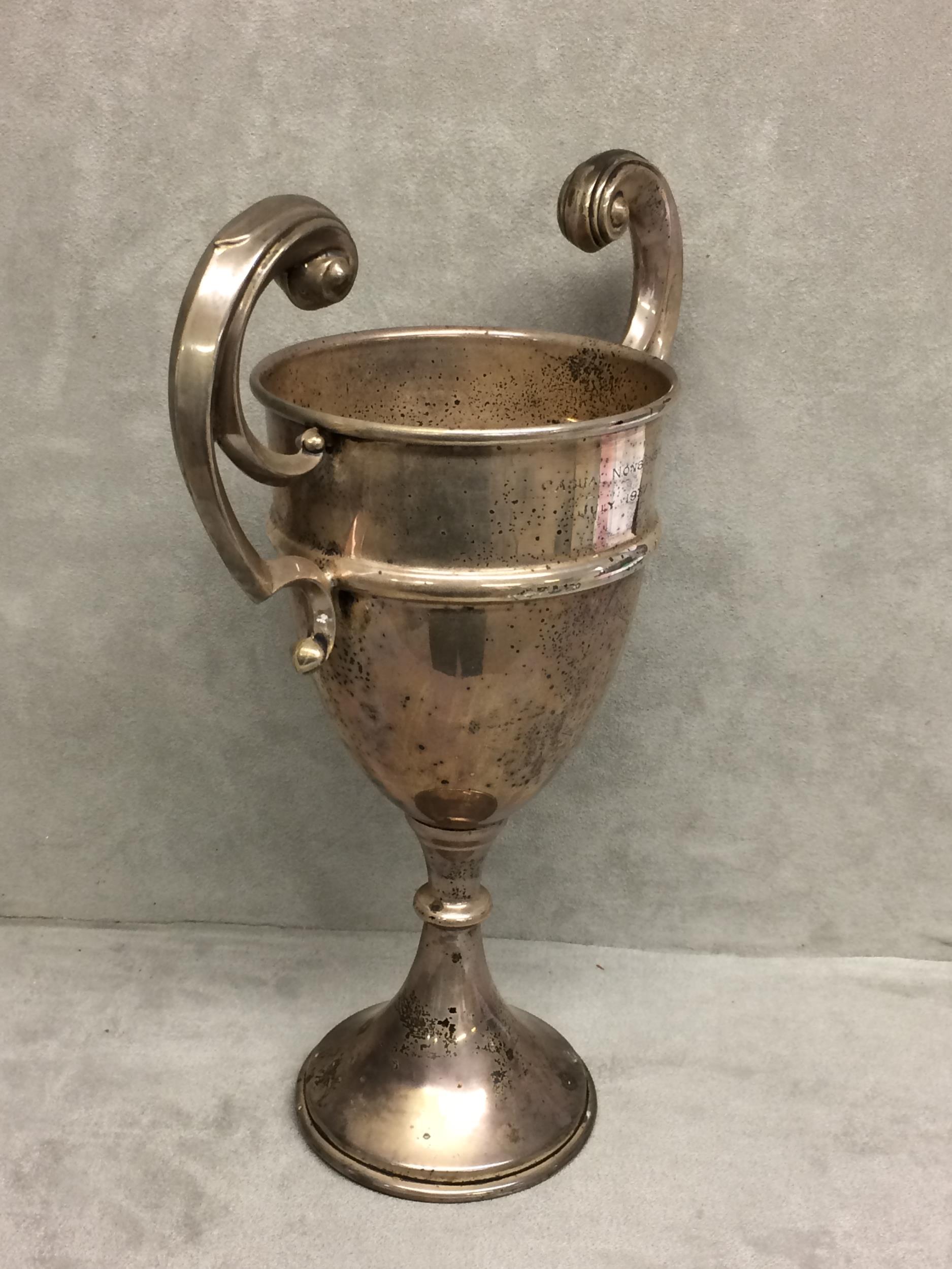 Sterling silver trophy with scrolling handles on circular base, Birmingham 1936, 10.5ozt, 26cm H - Image 4 of 6