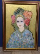 Russian Boyarina, Oil on Canvas with gilt background, gilt and red painted frame. Image 55cm x 38 cm