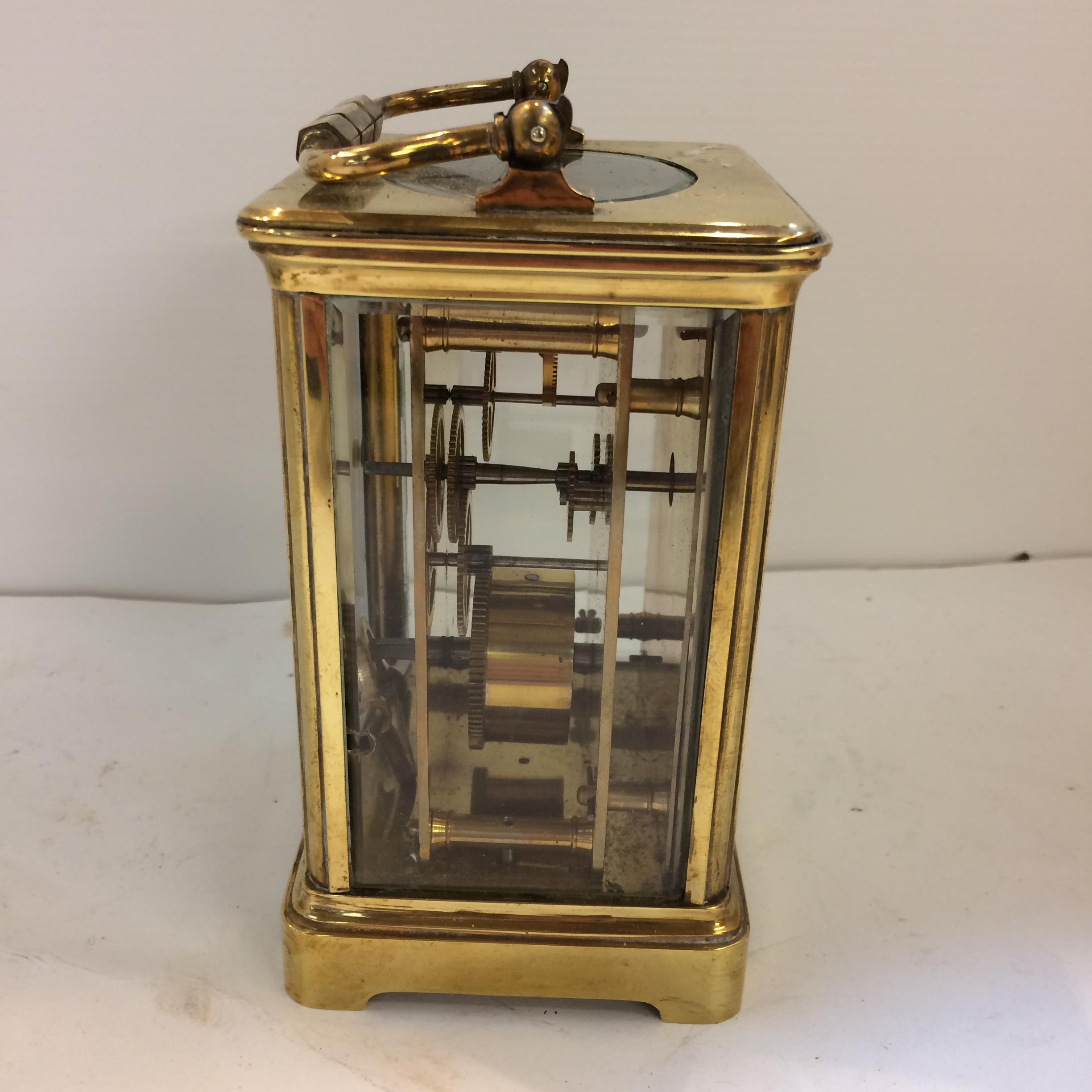 French gilt brass carriage clock with 4 bevelled glass panes with key - Image 4 of 5