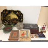 A quantity of various vintage cards and games, wee images and decorative trays etc