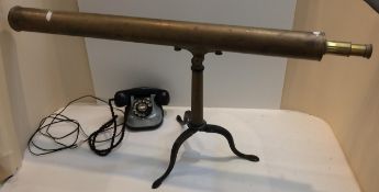 Brass table top telescope, possibly 3 drawer, on an original tripod stand, unmarked, and a vintage