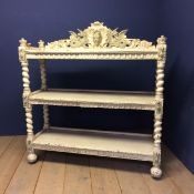 Decorative shabby chic, grey painted buffet of 3 shelves, with ornately carved back finial, raised