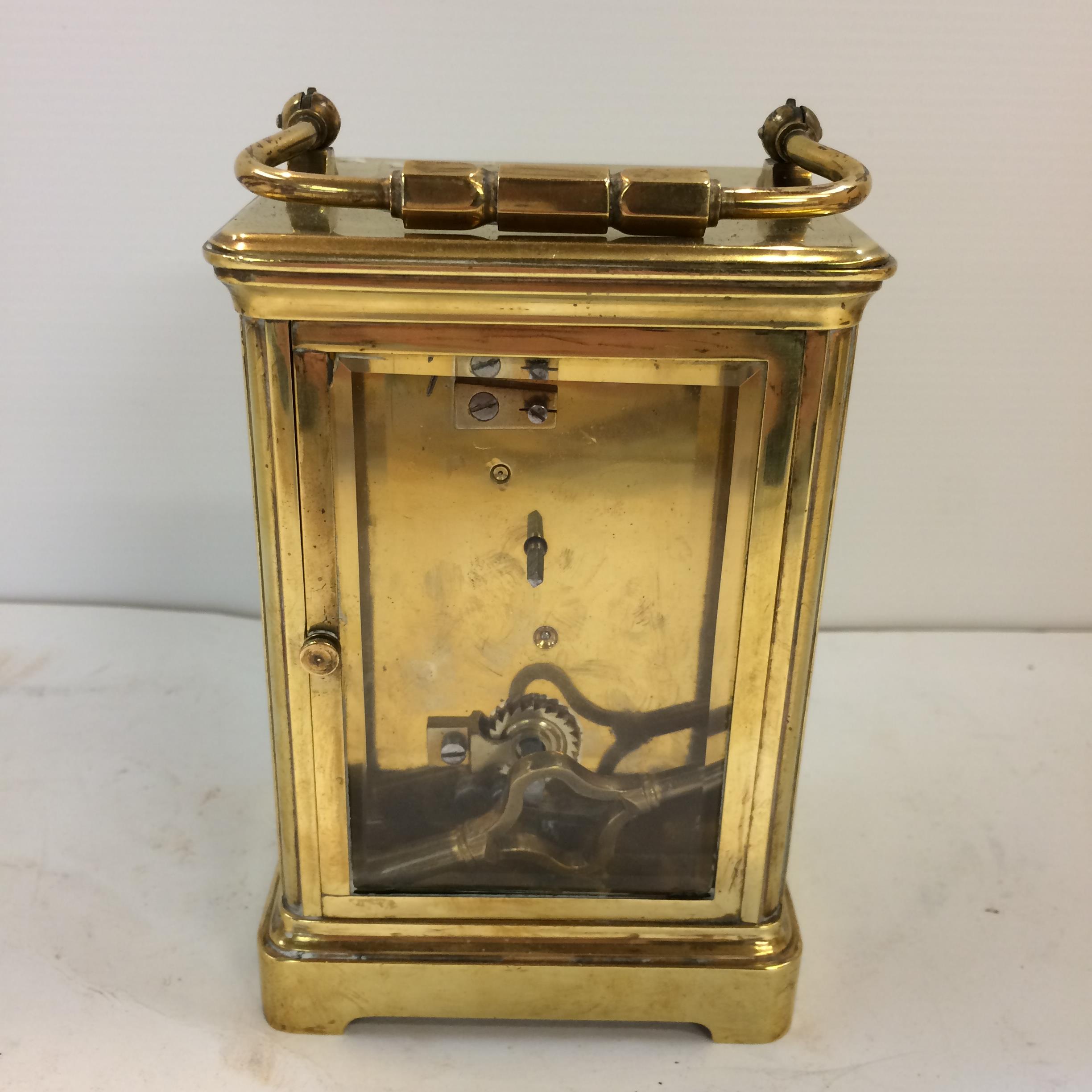 French gilt brass carriage clock with 4 bevelled glass panes with key - Image 3 of 5