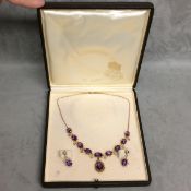 9ct gold amethyst and seed pearl necklace and earing suite