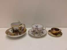 Royal Worcester hand painted cabinet cup, and two continental C19th hand painted footed cups and