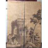 A pair of decorative hand painted panels featuring an Italianate scene, paper mounted to stretched