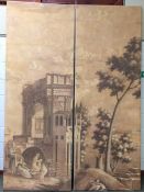 A pair of decorative hand painted panels featuring an Italianate scene, paper mounted to stretched