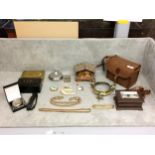 Collection of misc items to include a gilt silver necklace, a portable inkwell, a box brownie