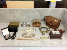 Collection of misc items to include a gilt silver necklace, a portable inkwell, a box brownie
