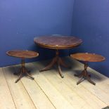 Circular snap top pedestal table, with glass top, and 2 smaller oval tables 108w x 77h cm