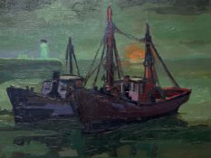 DAN WELCK, oil on canvas, Fishing boats by a lighthouse, signed lower right, in light colour