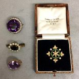 Yellow metal enamel and seed pearl brooch and 3 pieces of amethyst and pearl set jewellery