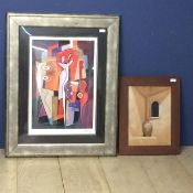 Abstract framed and glazed picture in the Picasso style and an acrylic on canvas, still life scene