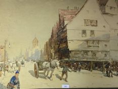 JOHN TERRIS, Watercolour, C19th Continental street scene with figures and horse and carts, signed