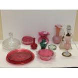 Glassware - 2 cranberry dishes, flare rimmed glass vase and silver topped perfume bottles, damaged