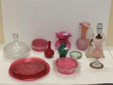 Glassware - 2 cranberry dishes, flare rimmed glass vase and silver topped perfume bottles, damaged
