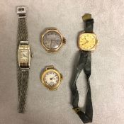 3 9ct gold cased ladies wrist watches and a sterling silver art deco cocktail watch