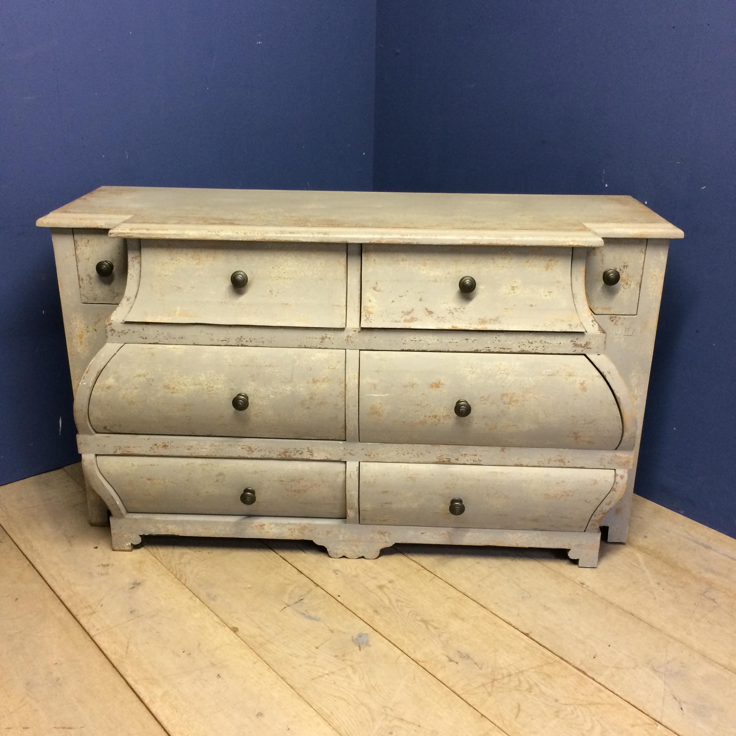 Decorative shabby chic, grey painted bombe chest of 6 short and 2 smaller drawers 150w x 56d x 86h