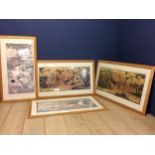 Four contemporary light framed and glazed Oriental style pictures, overall 72 x 20cm approx