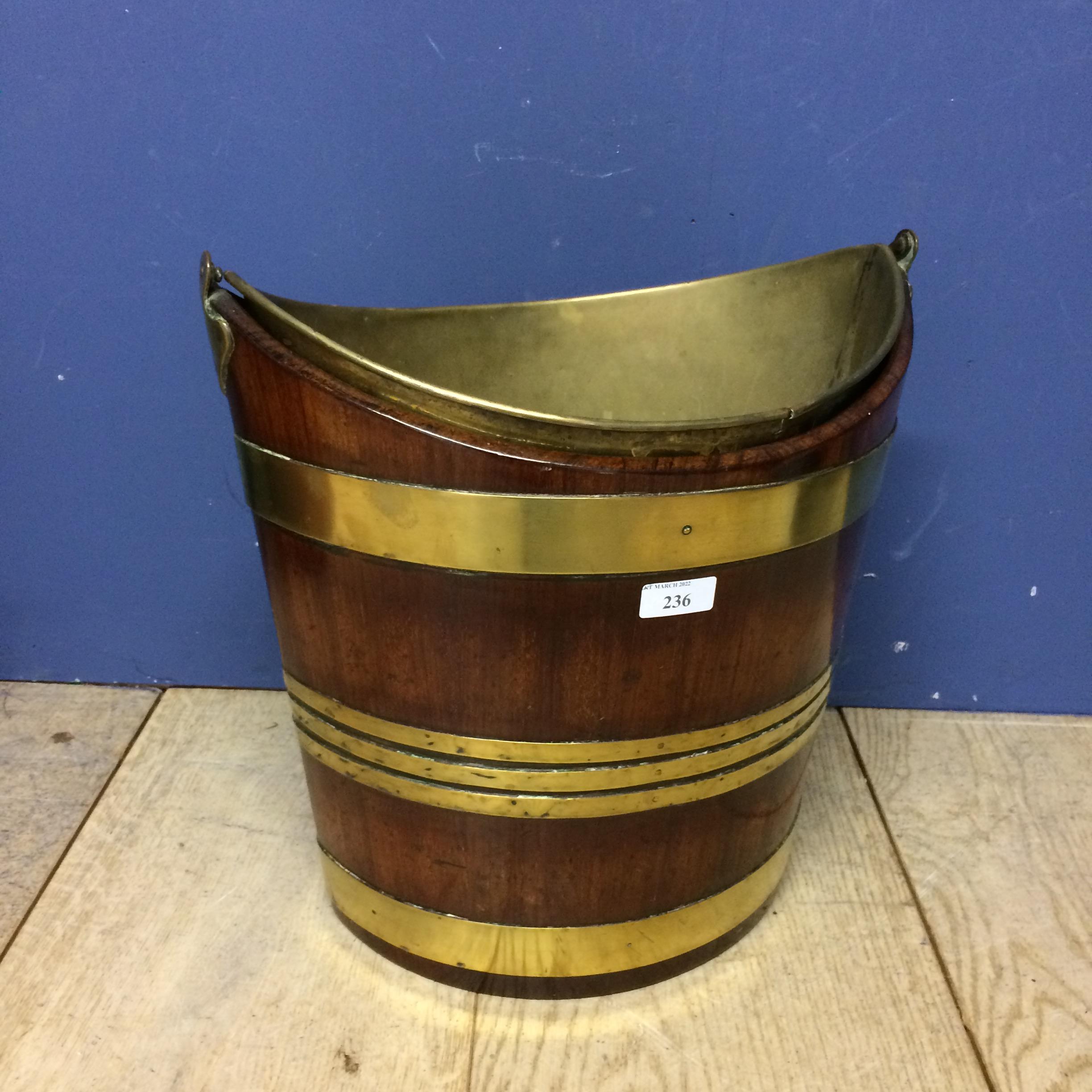 Mahogany and brass bound peat bucket with handle, and with inset brass bucket - Image 3 of 3