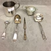 Collection of sterling silver items, to include a sterling silver letter opener, salt spoon,