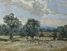 Framed and glazed rural scene, mixed media on paper?, marked verso "Haymaking", c1910 by William