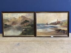 Pair of C19th oil on board, Highland landscape scene and lighthouse coastal scene, both signed lower