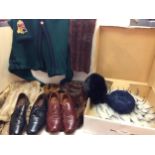 Four mink furs stoles in used condition; and a feather hat, 1980s Italian cardigan and Vintage shoes