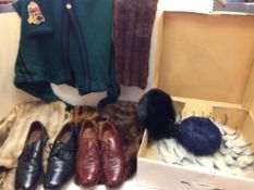 Four mink furs stoles in used condition; and a feather hat, 1980s Italian cardigan and Vintage shoes