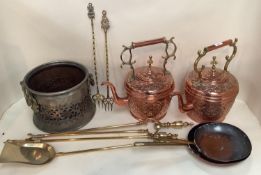 Quantity of brass and copper wares, including 2 large decrative and ornatley peirced Victorian style