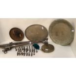 Qty of brasswares to include, brass chess pieces, brass trays, brass gong, and brass yoke parts,