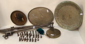 Qty of brasswares to include, brass chess pieces, brass trays, brass gong, and brass yoke parts,