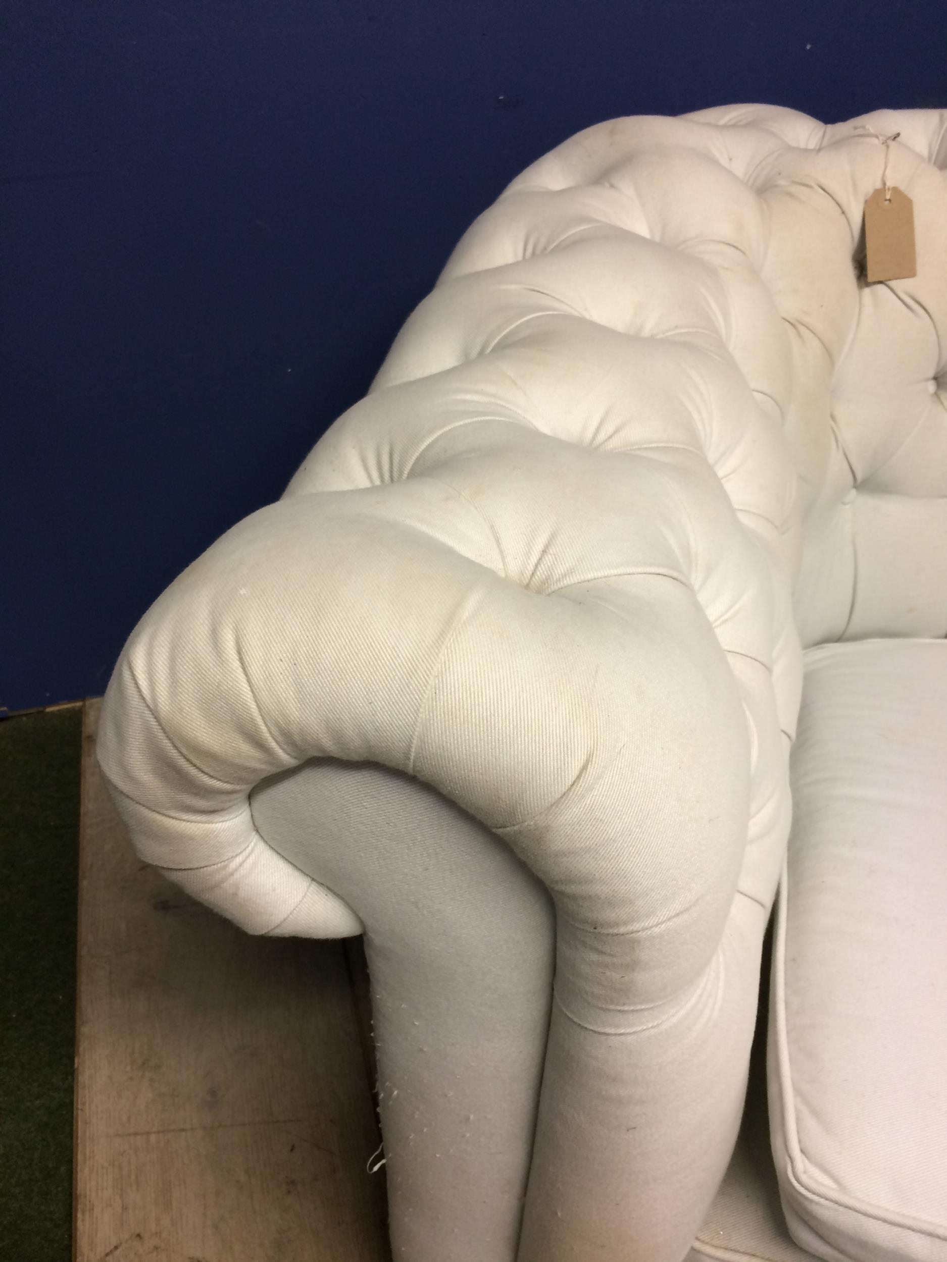 Victorian chesterfield sofa, upholstered in a light coloured fabric (some areas grubby with marks, - Image 3 of 5